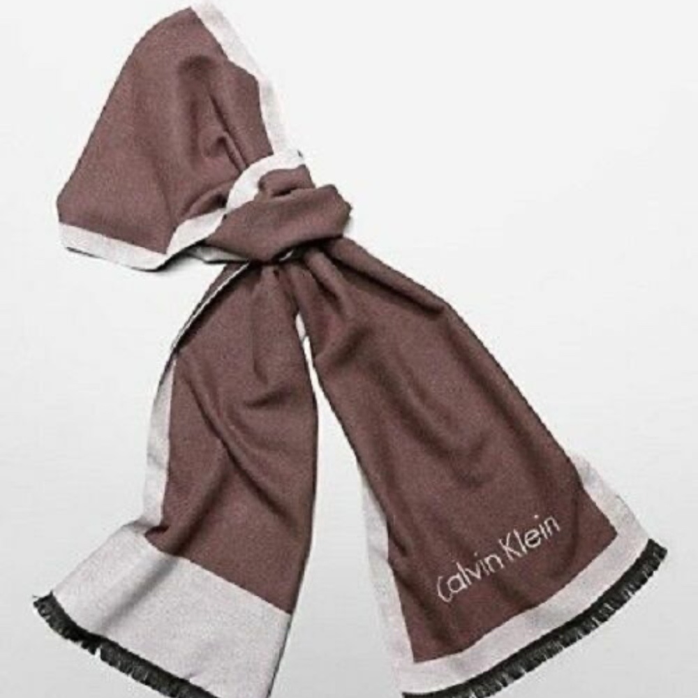 NWT Calvin klein Men's Contrasting Border Logo Scarf BROWN & GREY 4501 200 CO